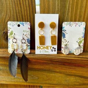 3-New Earrings Feather Pearl, Floral Teardrop Minimalist Square Dangle Bohemian